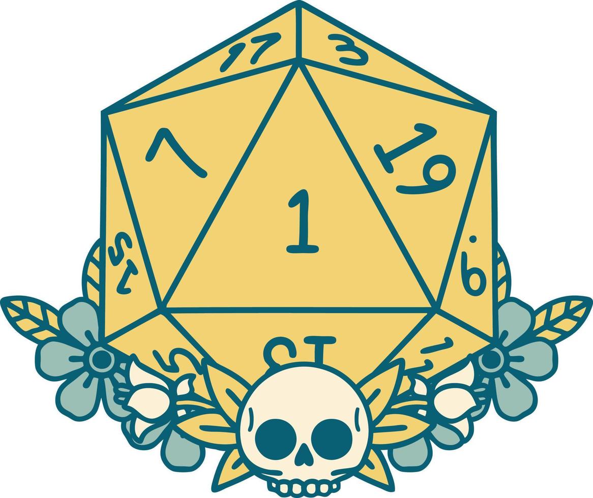 Retro Tattoo Style natural one dice roll with floral elements vector