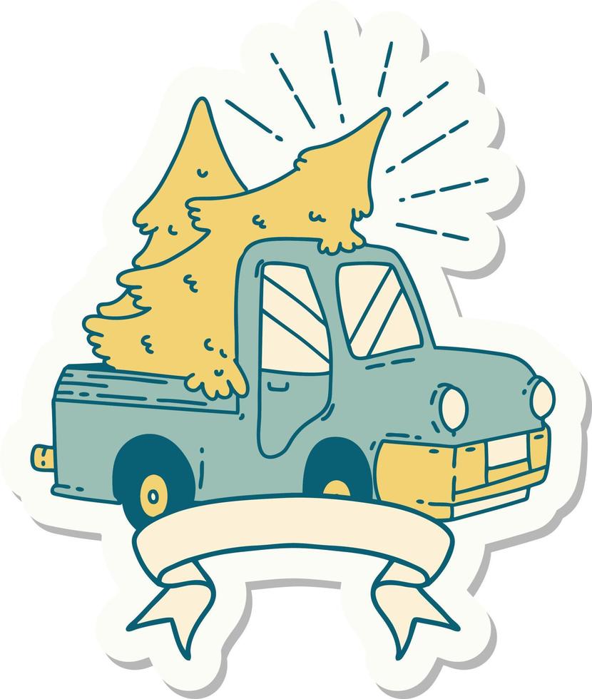 sticker of a tattoo style truck carrying trees vector