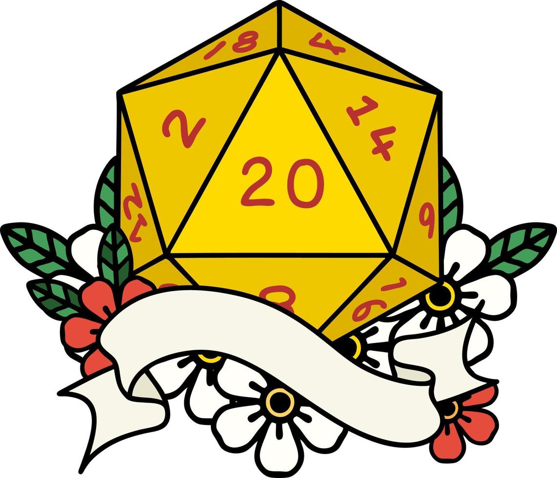 Retro Tattoo Style natural twenty D20 dice roll vector