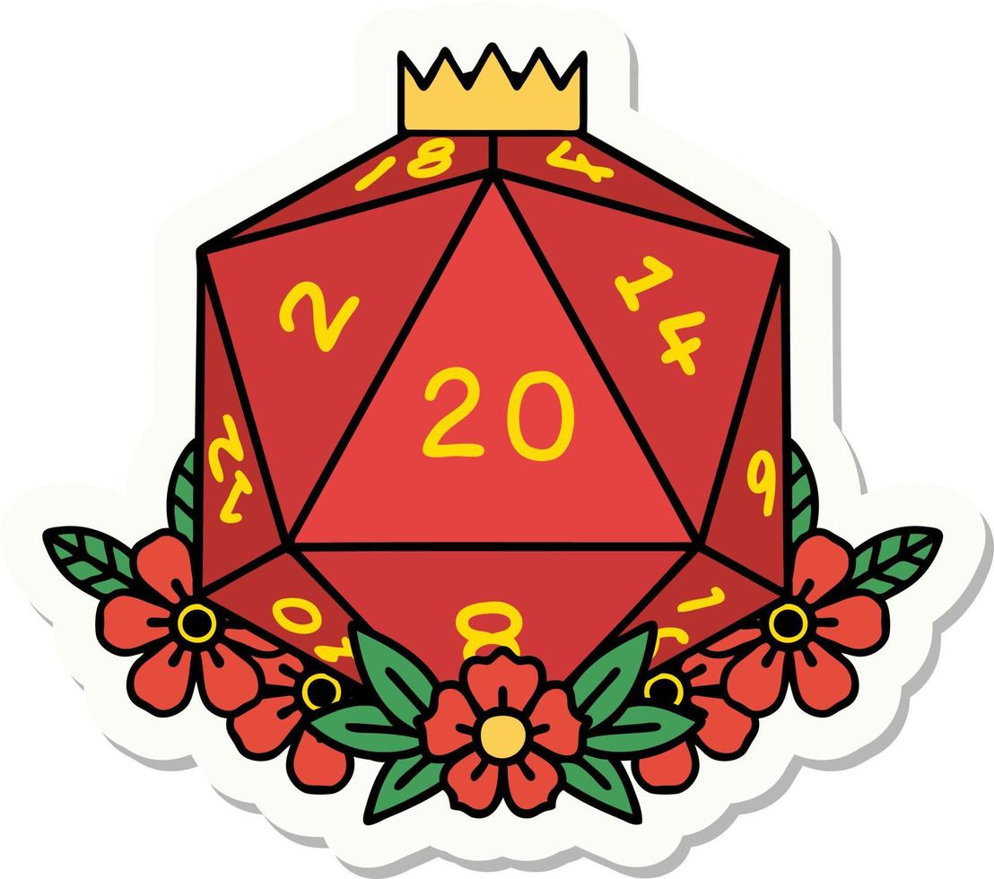 sticker of a natural 20 D20 dice roll with floral elements vector