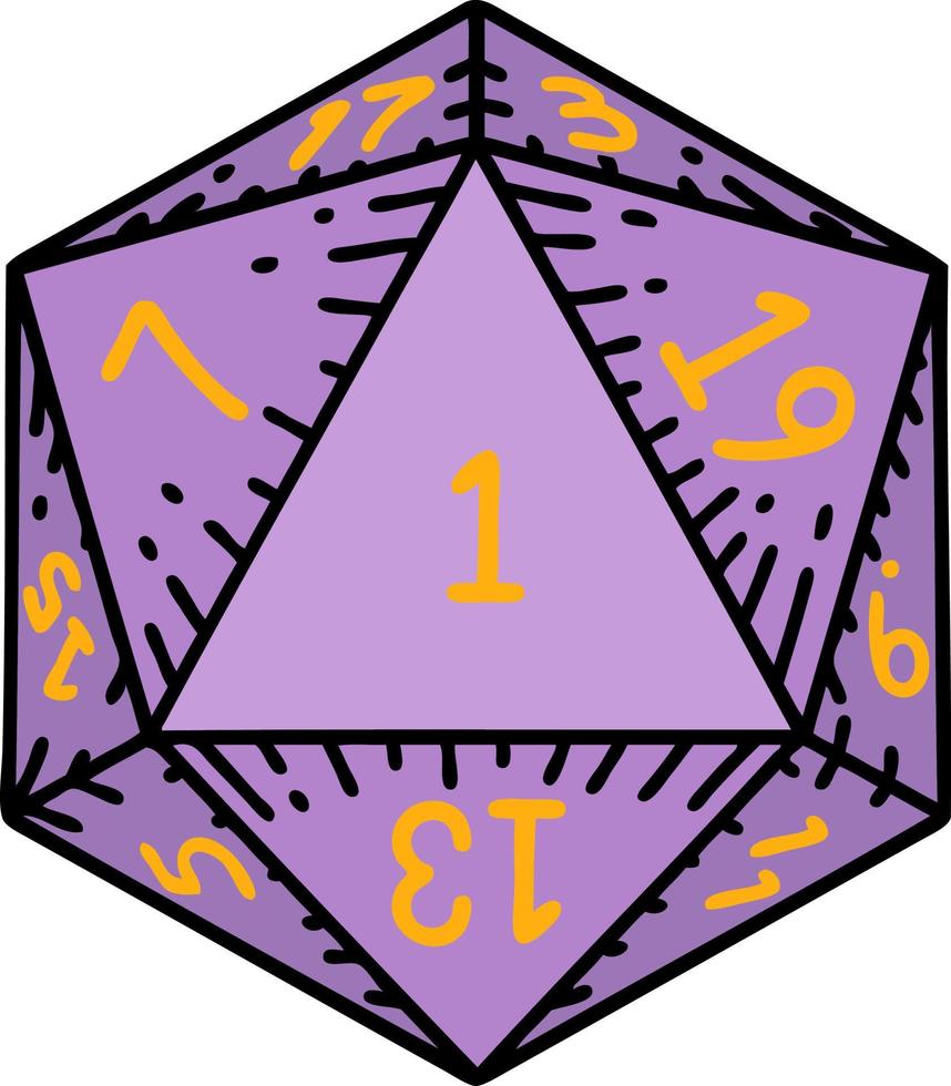 Retro Tattoo Style natural 1 D20 dice roll vector