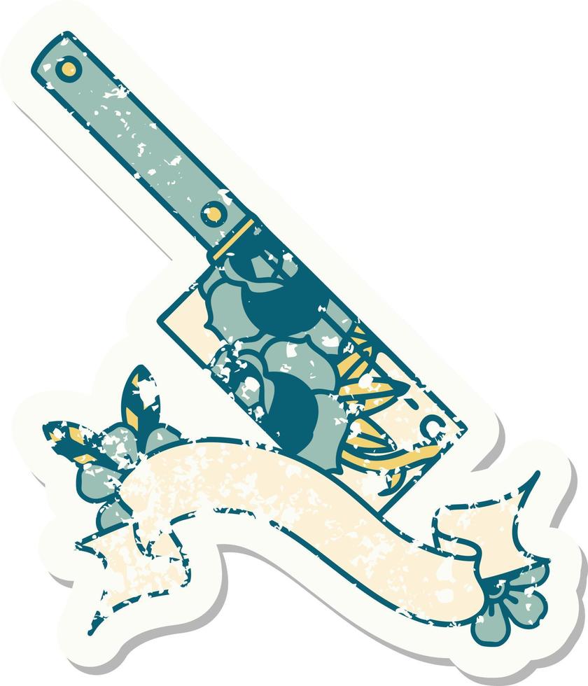 worn old sticker with banner of a cleaver and flowers vector