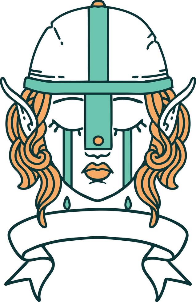 Retro Tattoo Style crying elf fighter character face with banner vector