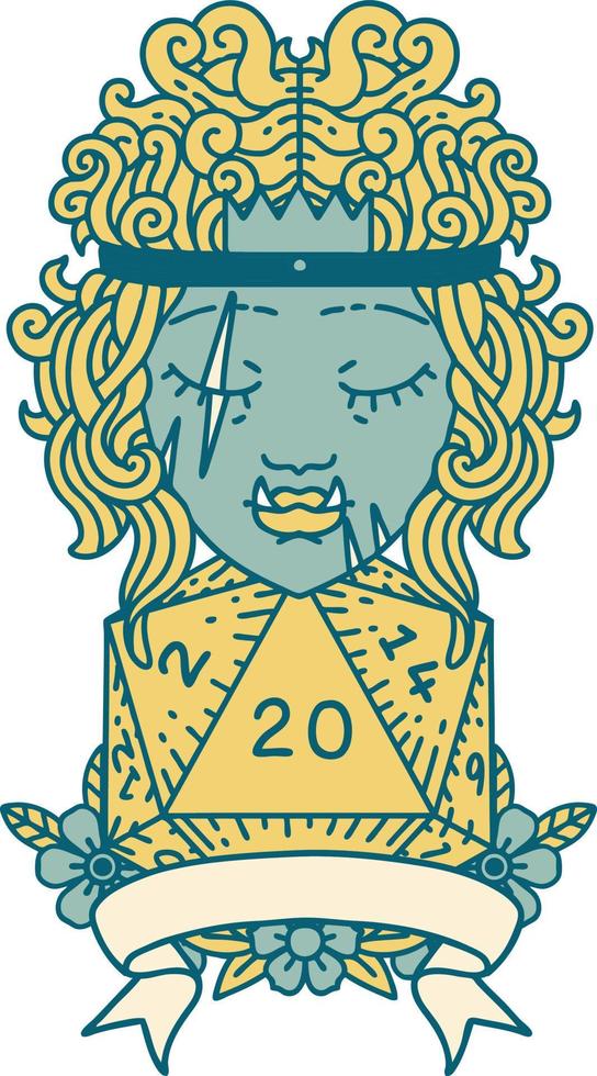 Retro Tattoo Style half orc barbarian character with natural 20 dice roll vector