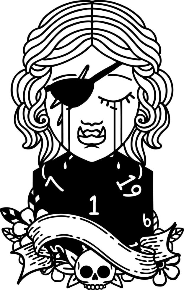 Black and White Tattoo linework Style crying orc rogue character face with natural one D20 roll vector