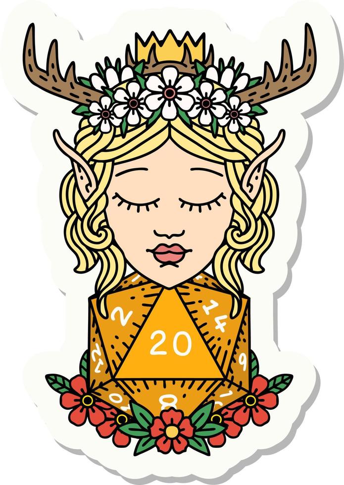 sticker of a elf druid character with nautral twenty dice roll vector