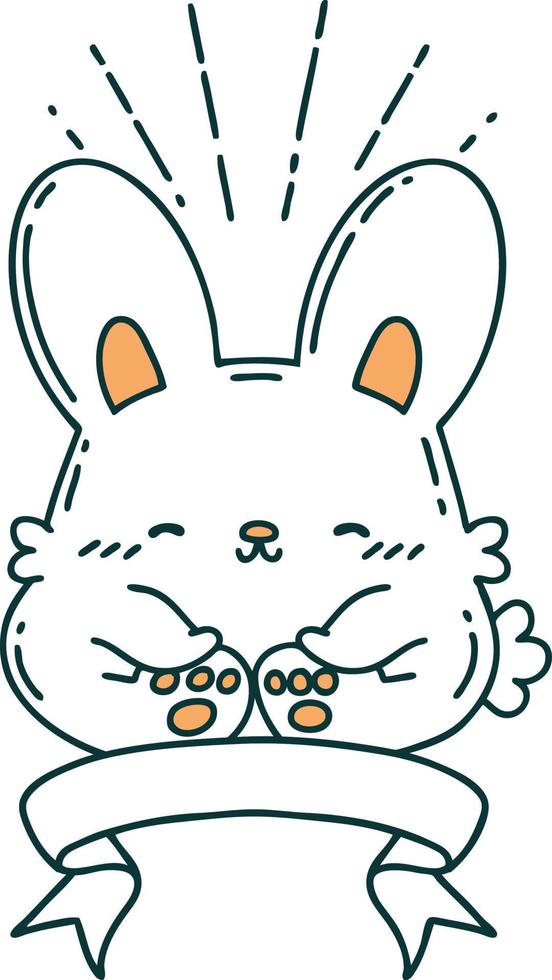 scroll banner with tattoo style happy rabbit vector