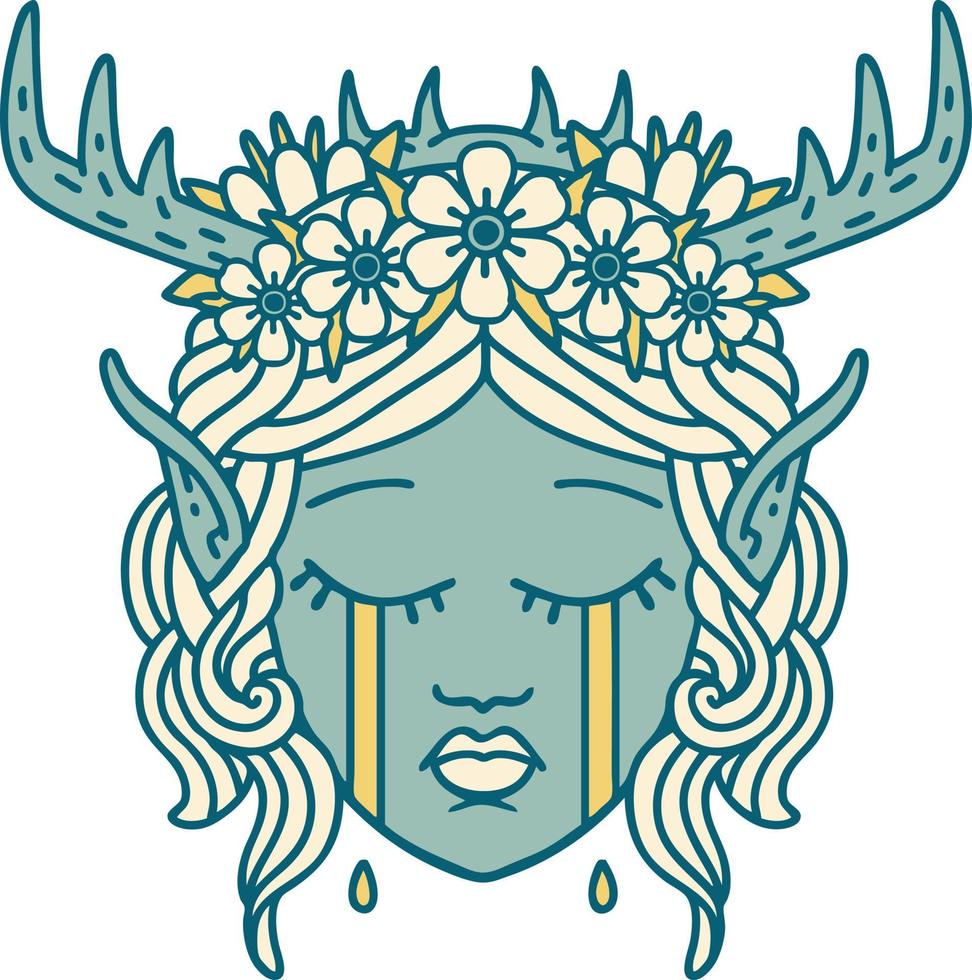 Retro Tattoo Style crying elf druid character face vector