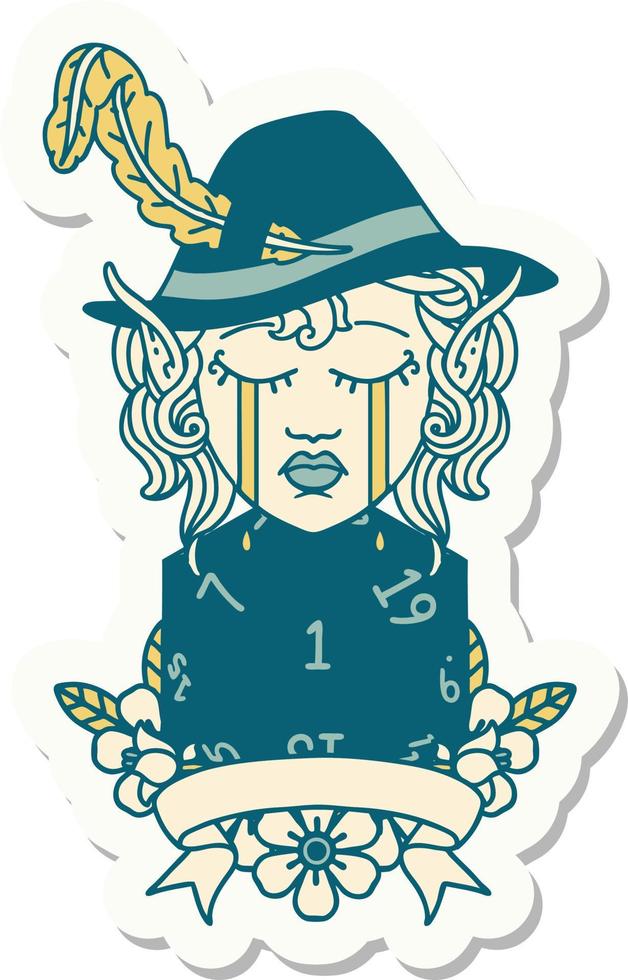 sticker of a crying elf bard character with natural one D20 roll vector