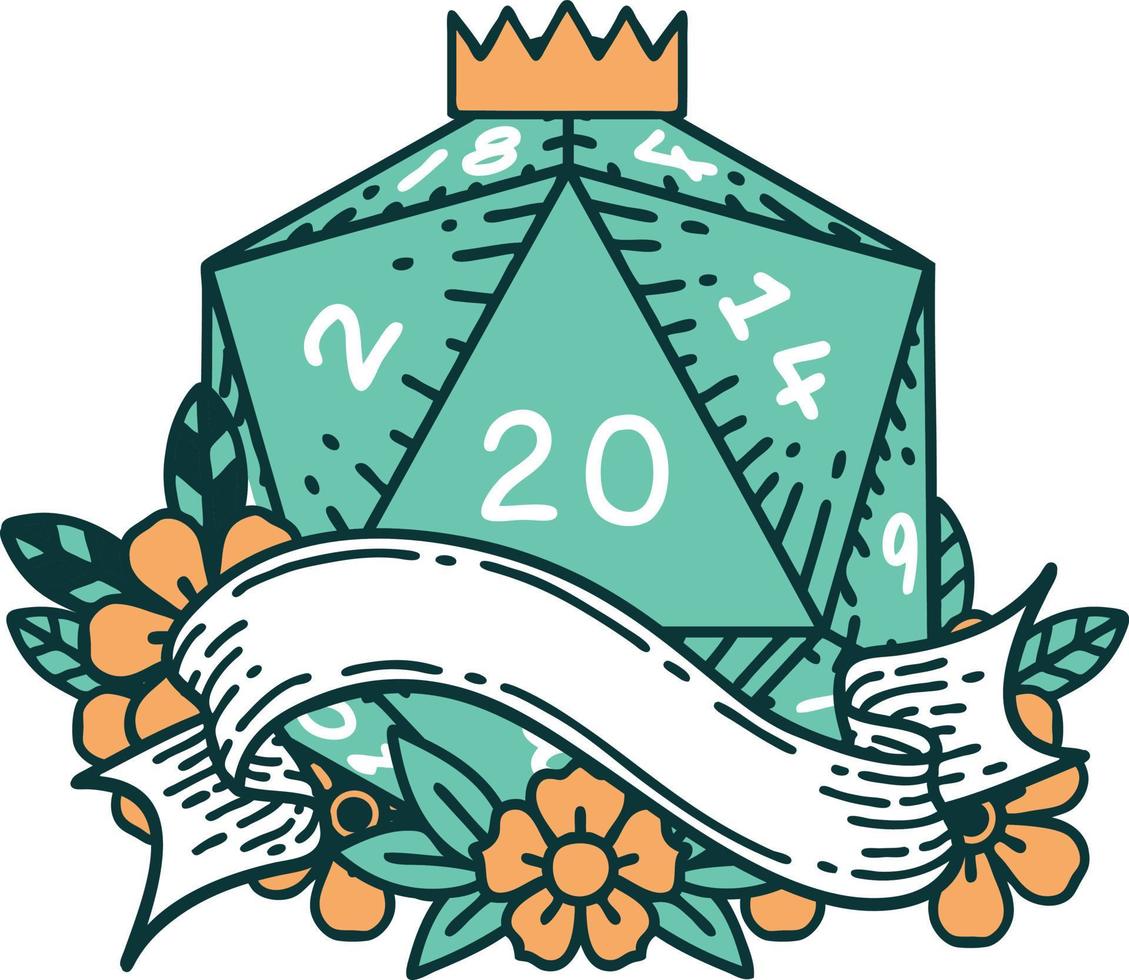 Retro Tattoo Style natural twenty D20 dice roll vector