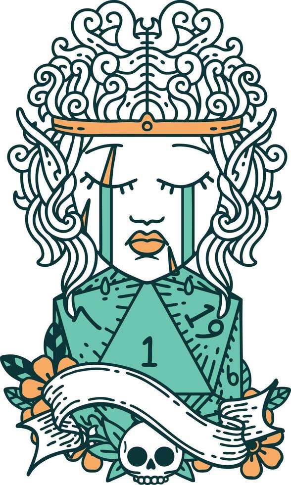 Retro Tattoo Style crying elf barbarian character face natural one d20 roll vector