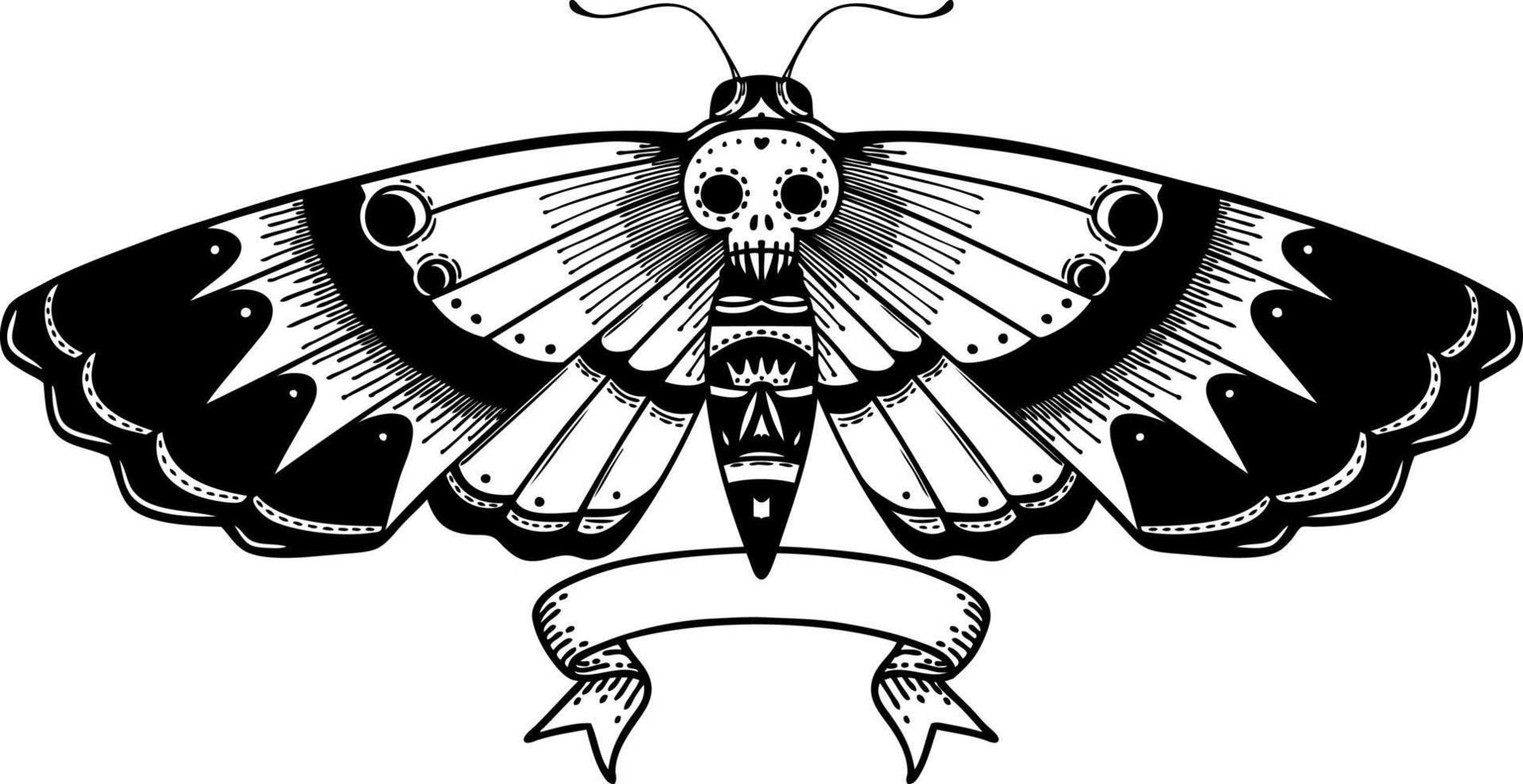 traditional black linework tattoo with banner of a deaths head moth vector