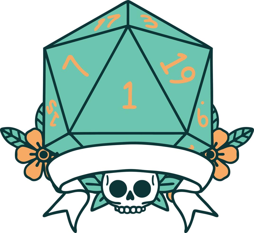 Retro Tattoo Style natural one d20 dice roll vector
