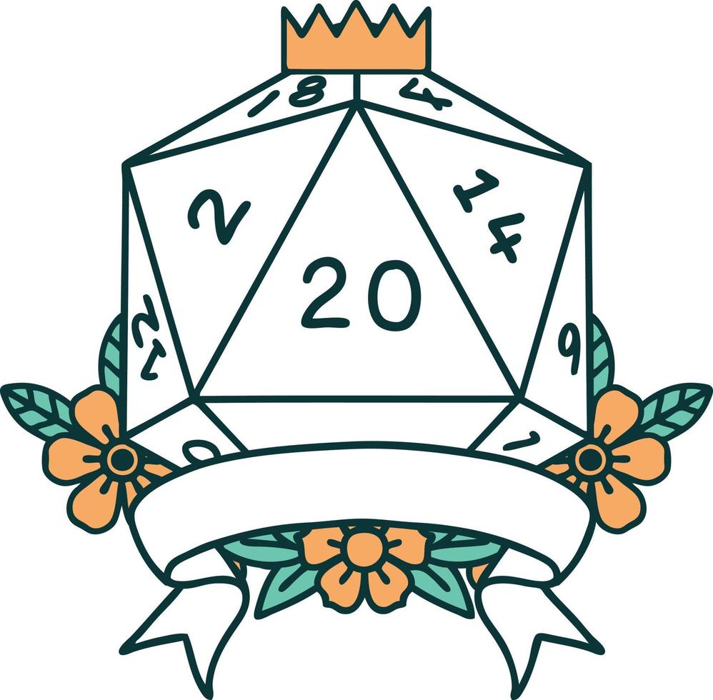 Retro Tattoo Style natural 20 critical hit D20 dice roll vector