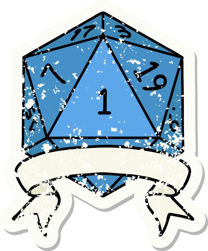 pegatina grunge de una tirada de dados natural d20 vector