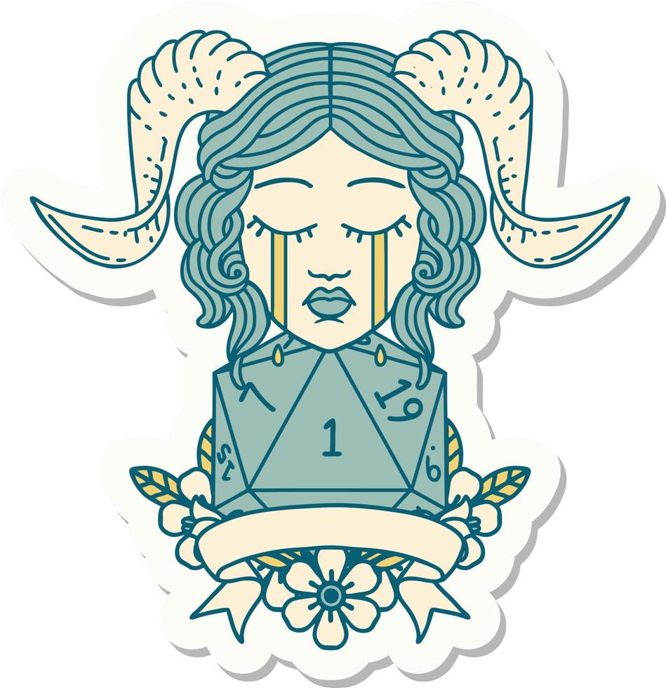 sticker of a crying tiefling with natural one D20 dice roll vector