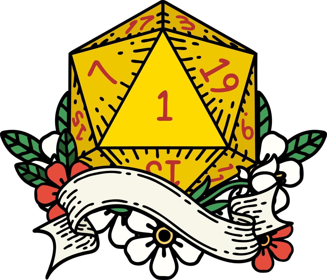 estilo de tatuaje retro natural uno d20 tirada de dados vector