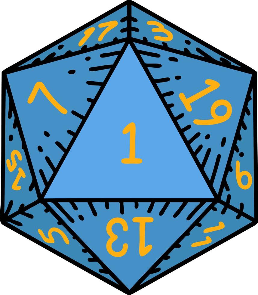 Retro Tattoo Style natural 1 D20 dice roll vector