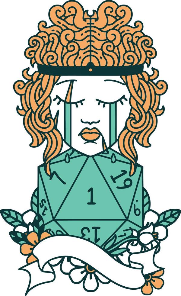 Retro Tattoo Style crying human barbarian with natural one d20 roll vector