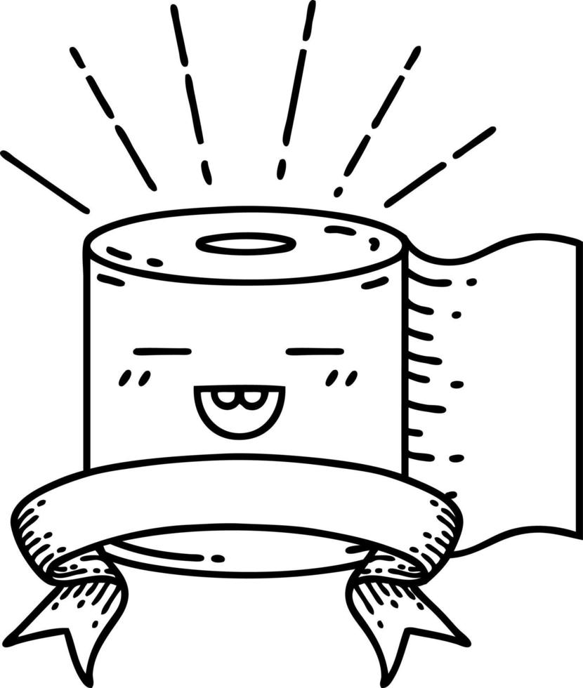 scroll banner with black line work tattoo style toilet paper character vector