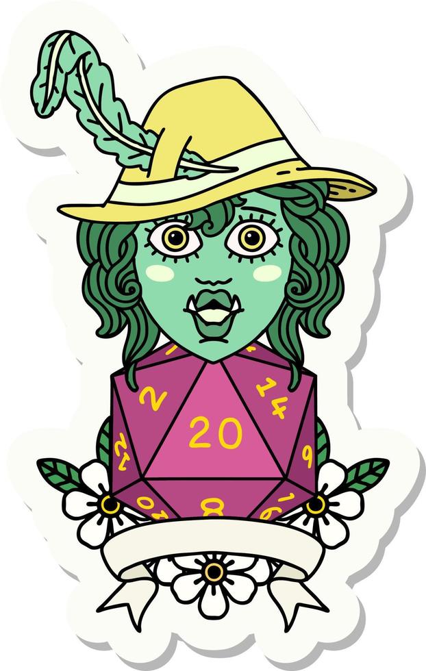 sticker of a half orc bard with natural 20 dice roll vector