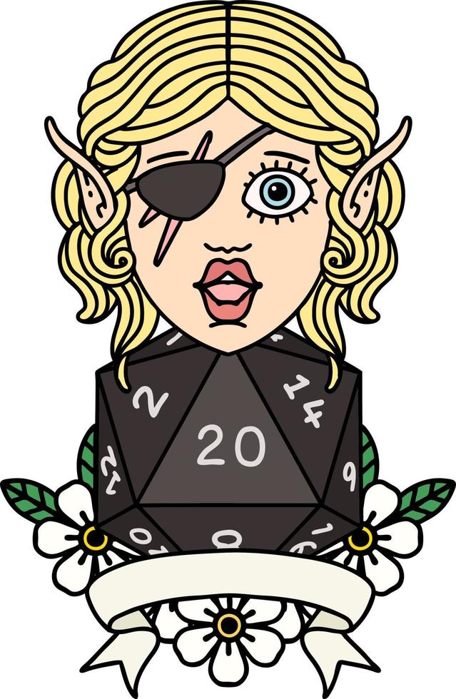 Retro Tattoo Style elf rogue character with natural twenty dice roll vector