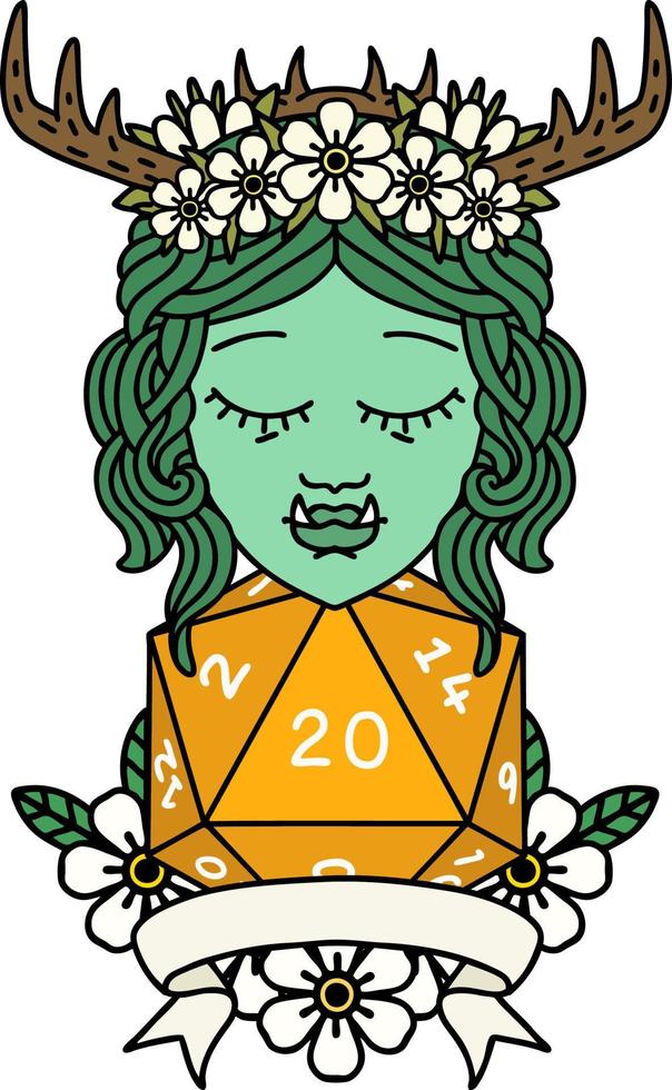 Retro Tattoo Style orc druid character with natural twenty dice roll vector