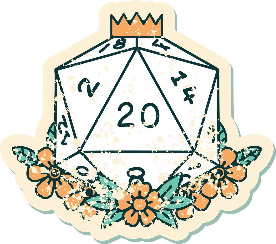 grunge sticker of a natural 20 D20 dice roll with floral elements vector