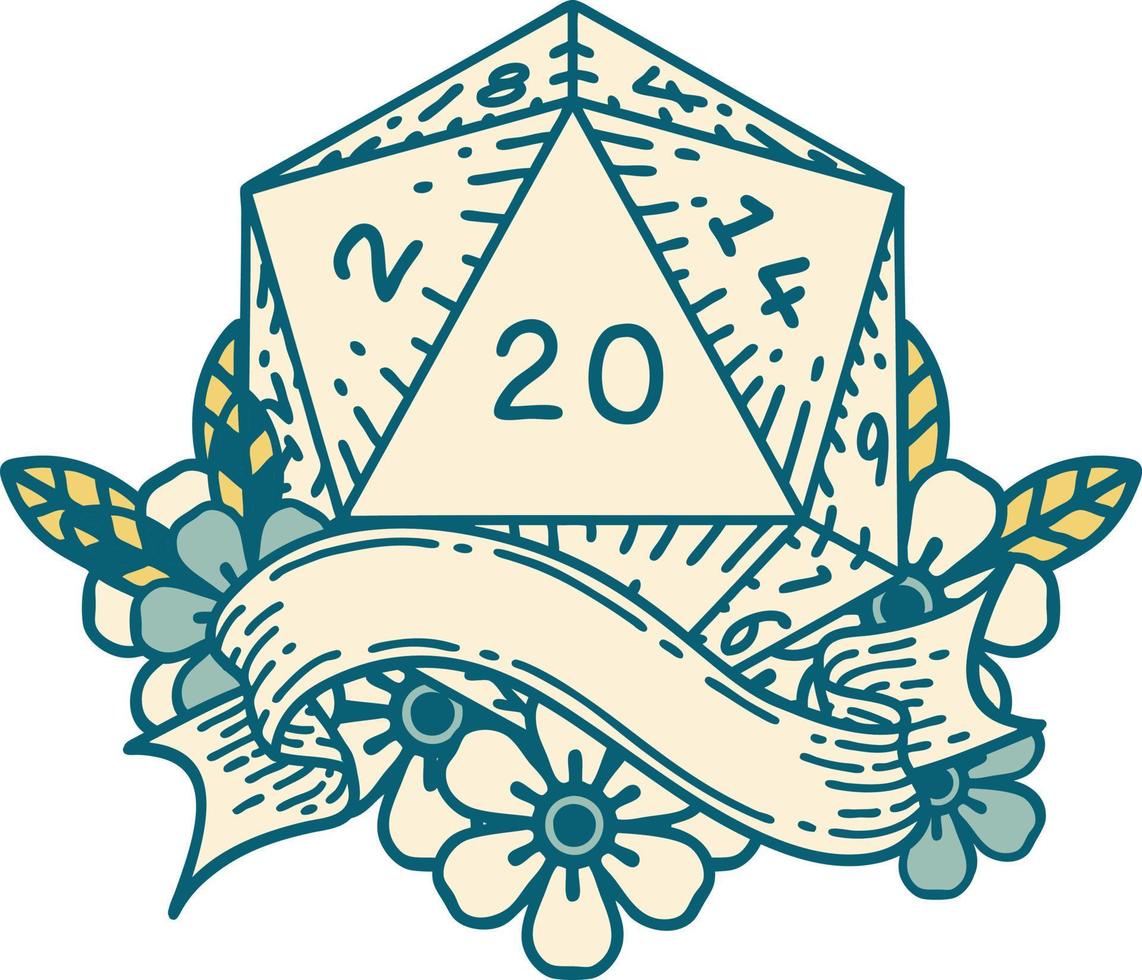 Retro Tattoo Style natural twenty D20 dice roll vector