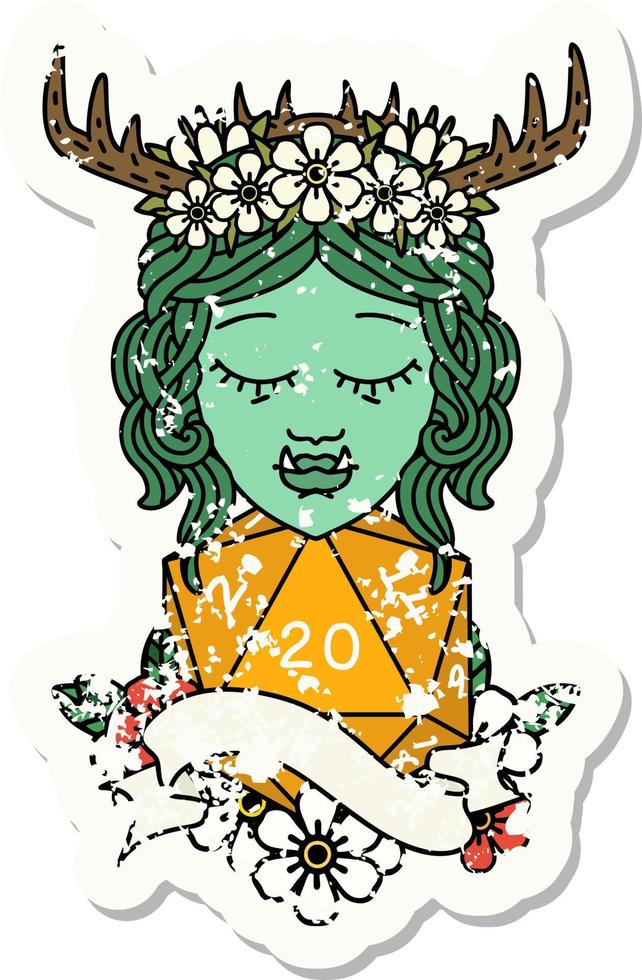 grunge sticker of a half orc druid character with natural 20 dice roll vector