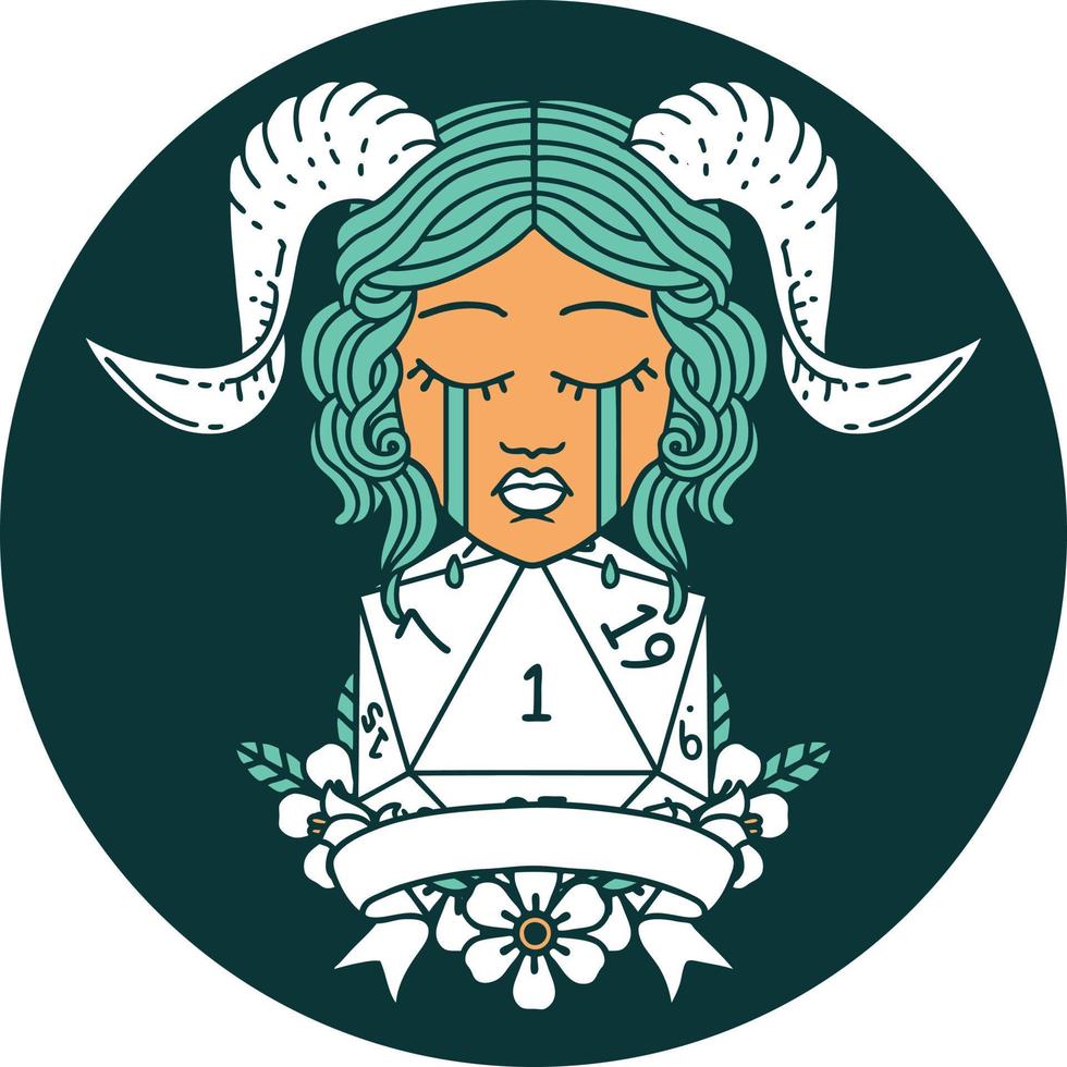 icon of crying tiefling face with natural 1 D20 Dice vector