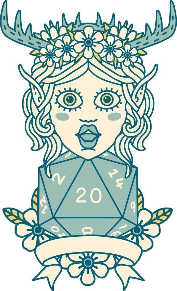 Retro Tattoo Style elf druid character with natural 20 dice roll vector