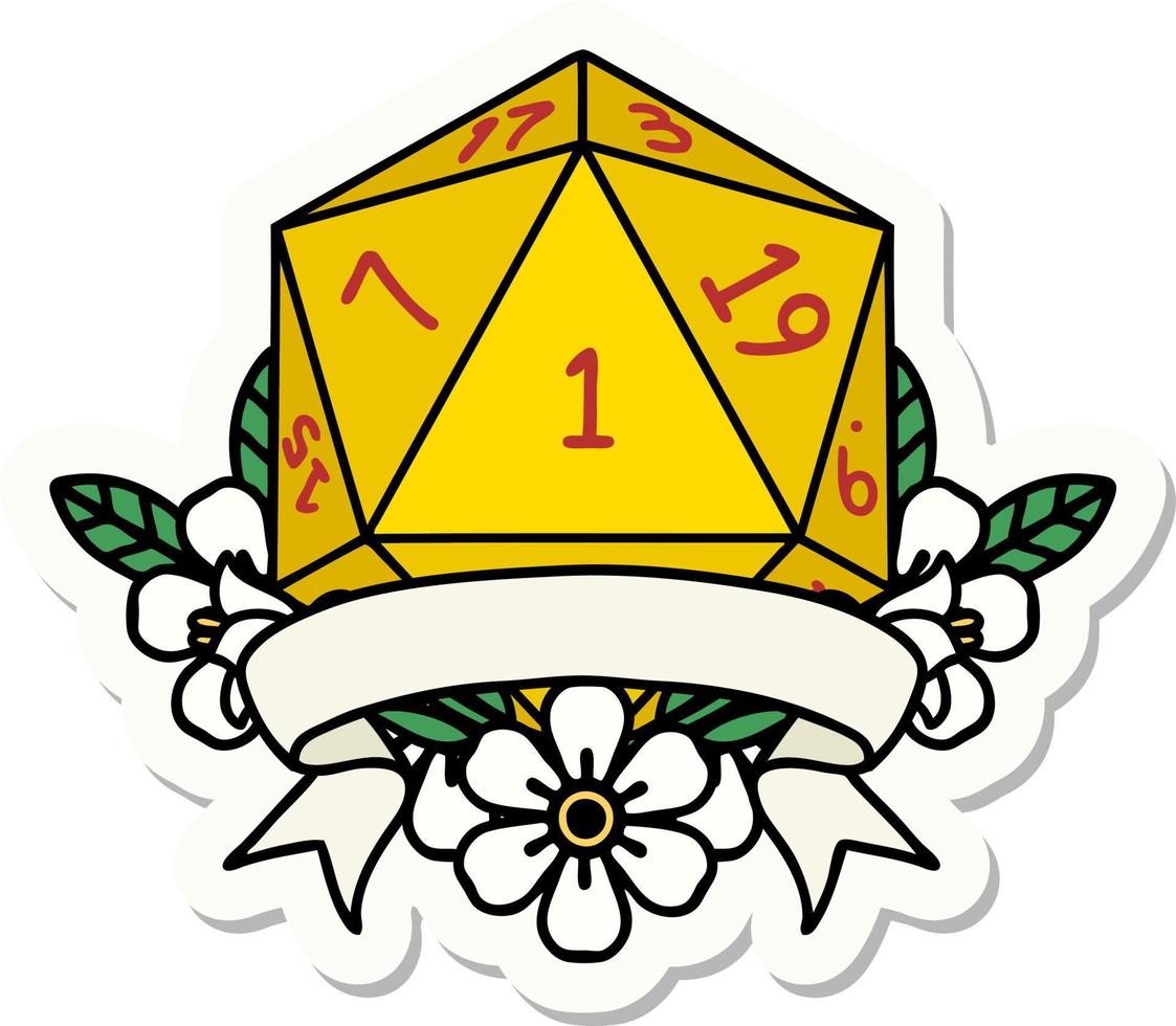 sticker of a natural one d20 dice roll vector