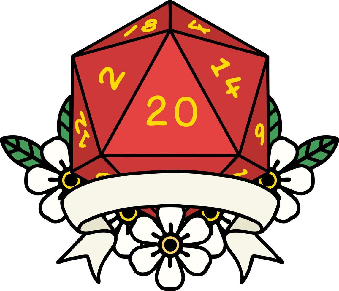 Retro Tattoo Style natural 20 critical hit D20 dice roll vector