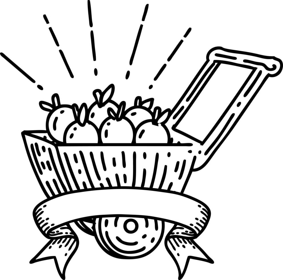 scroll banner with black line work tattoo style wagon of apples vector