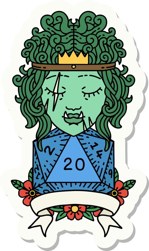 sticker of a half orc barbarian character with natural 20 dice roll vector