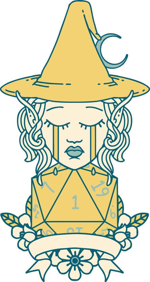 Retro Tattoo Style crying elf mage character with natural one dice roll vector