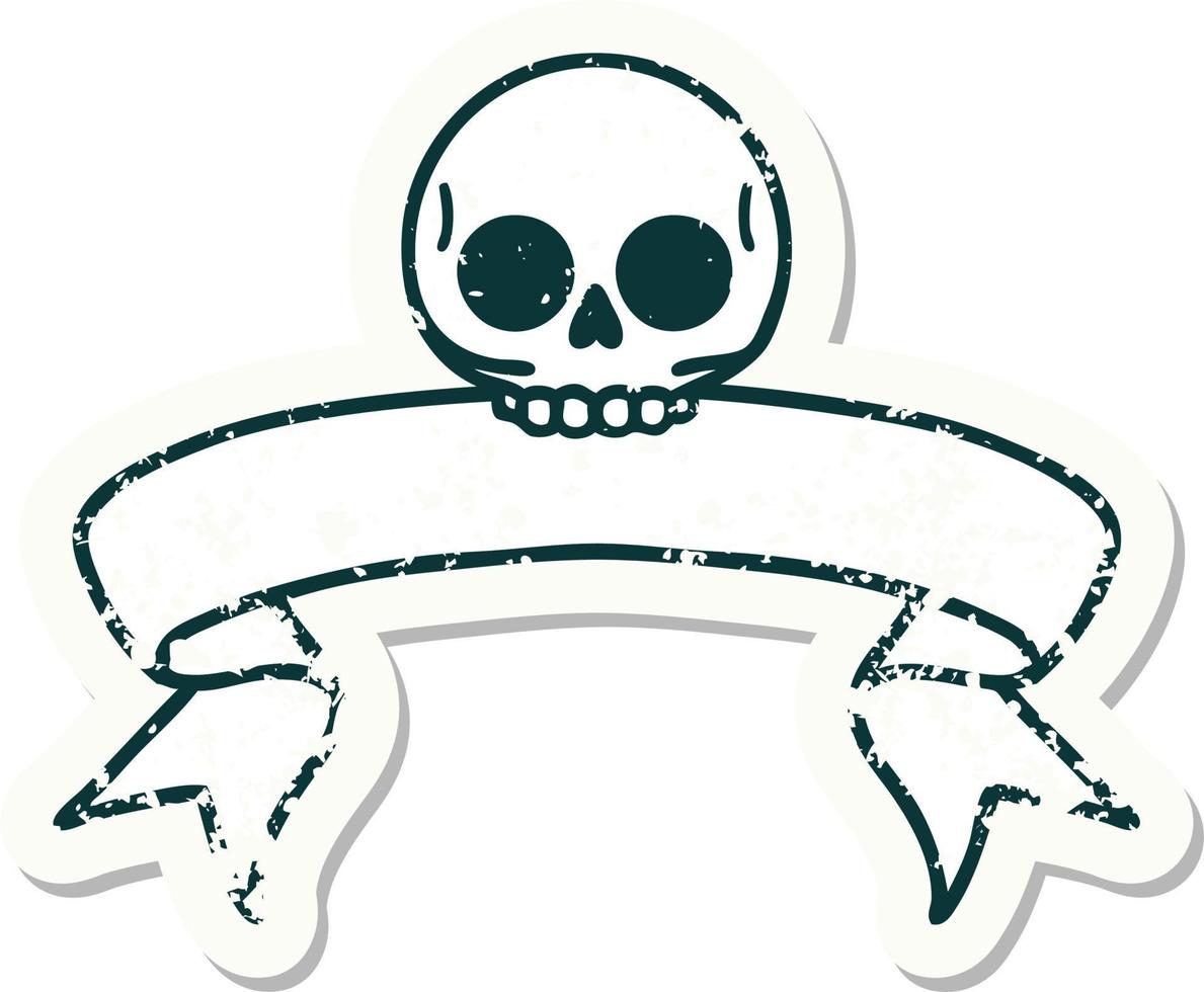 worn old sticker with banner of a skull vector