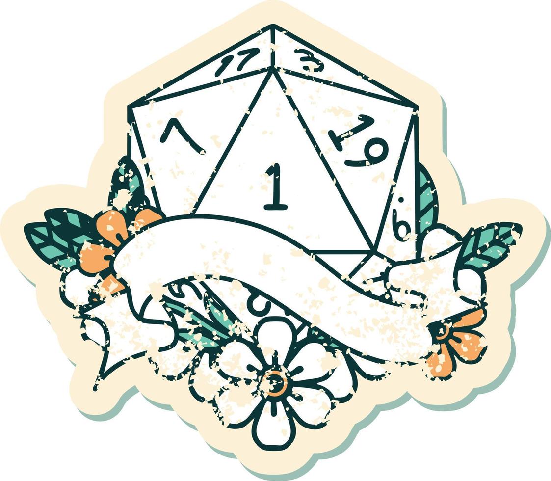 Retro Tattoo Style natural one d20 dice roll vector