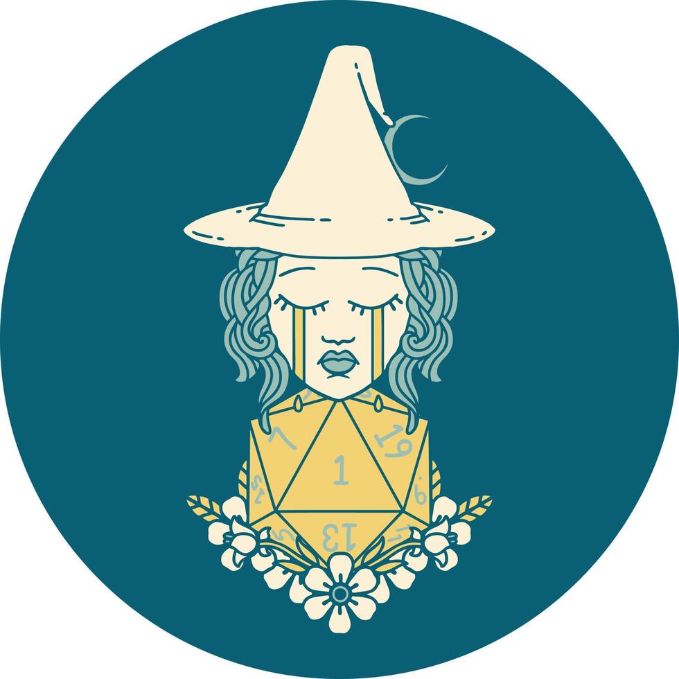 icon of crying human witch with natural one D20 dice roll vector