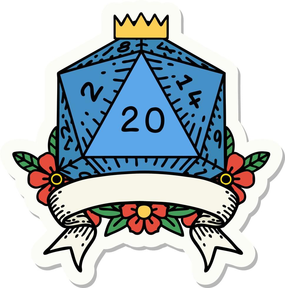 sticker of a natural 20 critical hit D20 dice roll vector