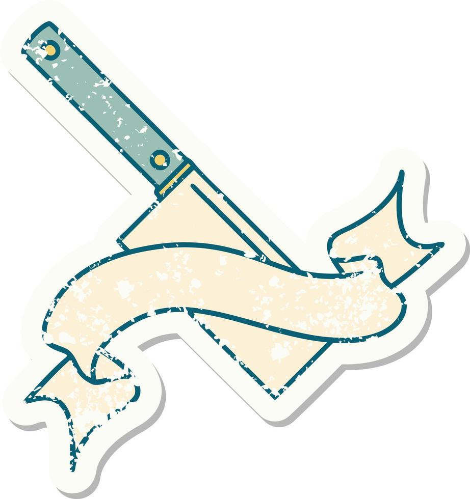 worn old sticker with banner of a meat cleaver vector