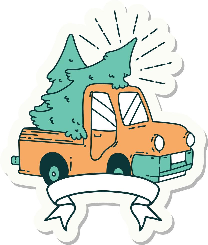 sticker of a tattoo style truck carrying trees vector