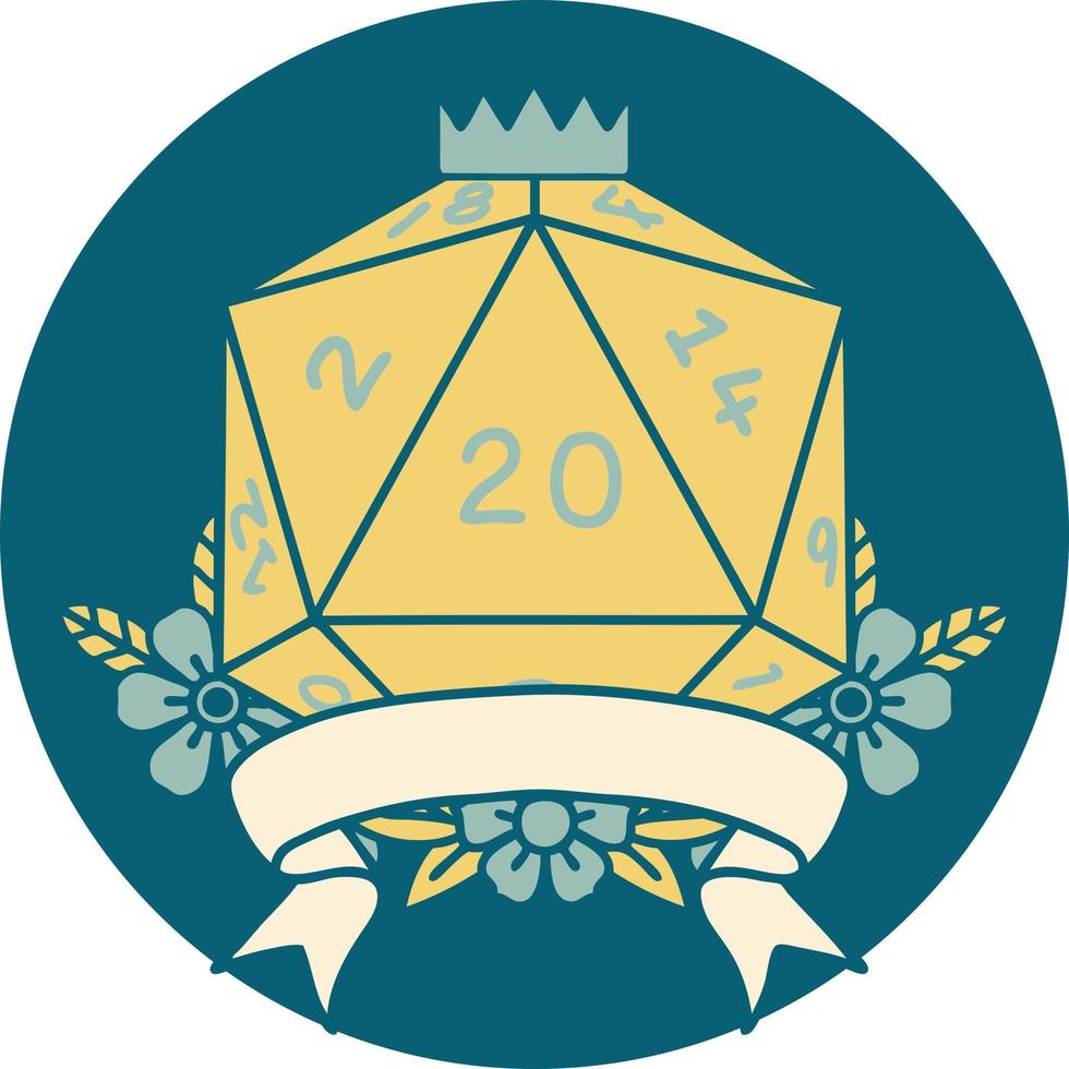 Retro Tattoo Style natural 20 critical hit D20 dice roll vector