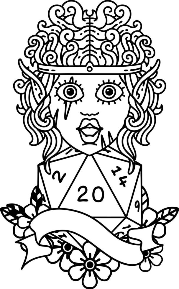 Black and White Tattoo linework Style elf barbarian character face with natural twenty dice roll vector