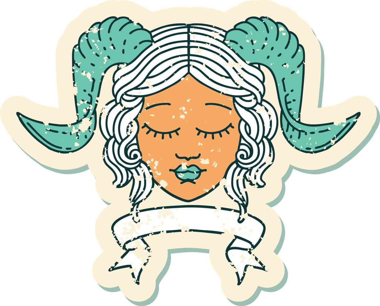 Retro Tattoo Style tiefling character face with scroll banner vector