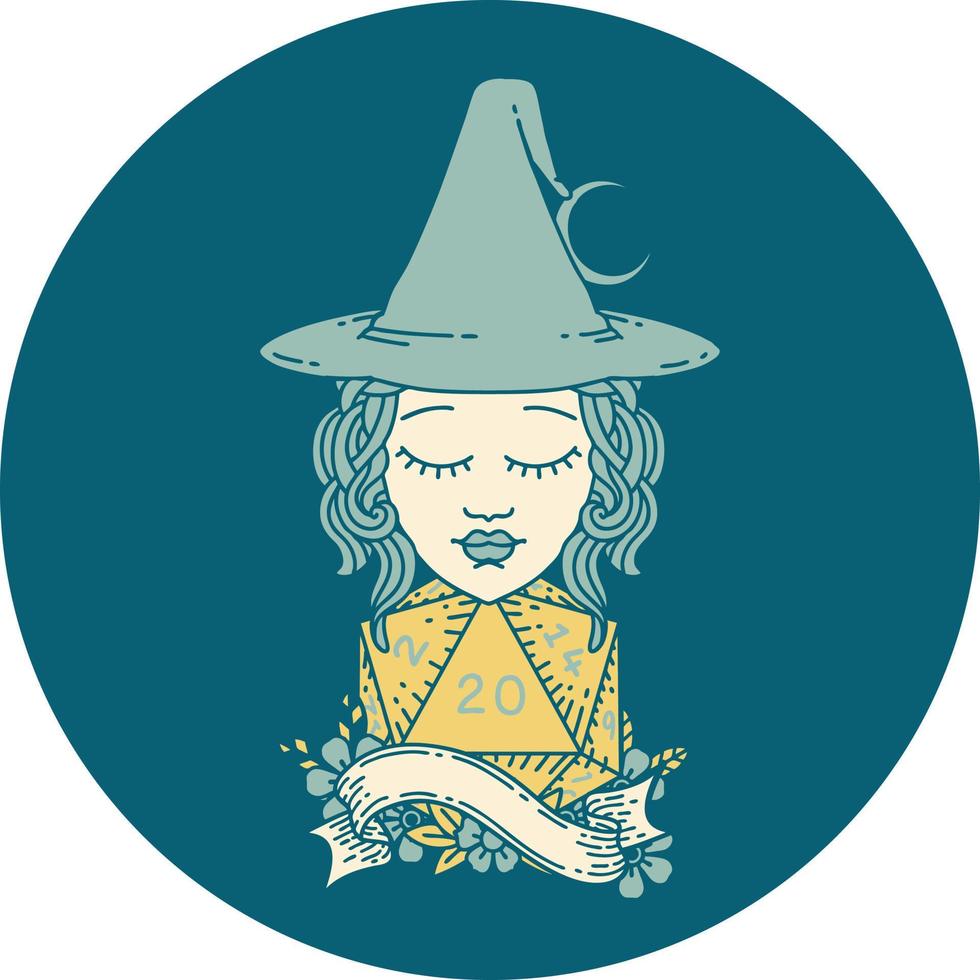 Retro Tattoo Style human mage with natural 20 D20 dice roll vector