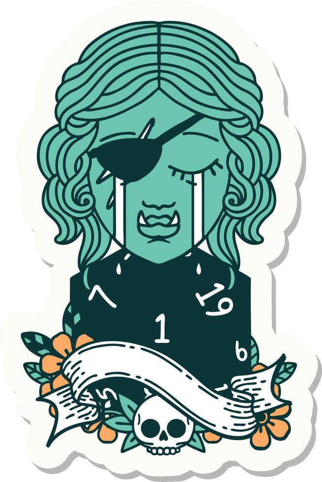 sticker of a crying orc rogue character face with natural one D20 roll vector