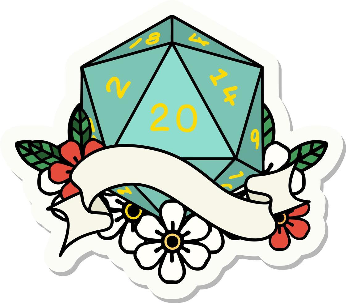 sticker of a natural twenty D20 dice roll vector