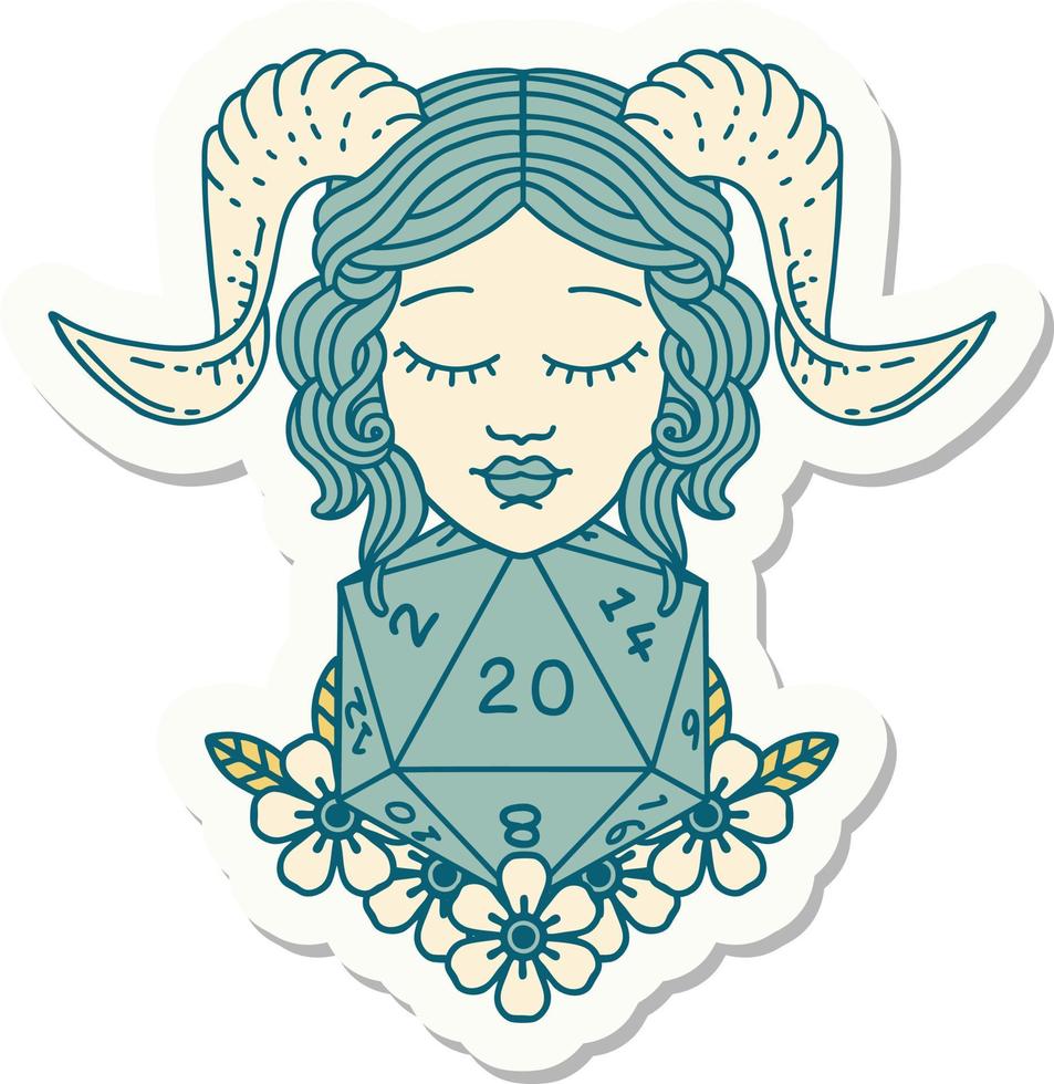 sticker of a tiefling with natural 20 D20 dice roll vector